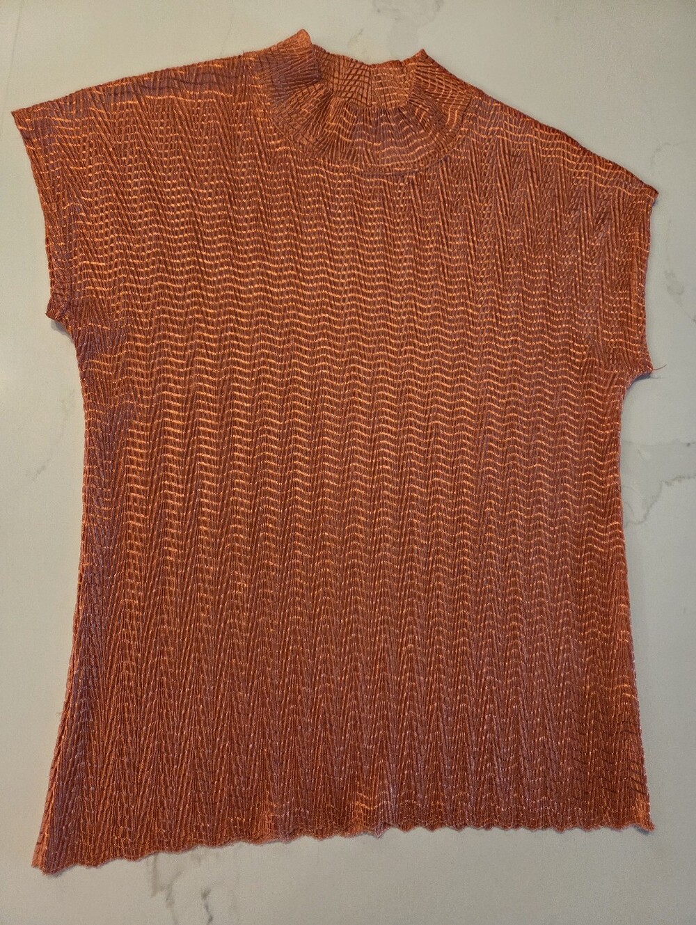Tanjay Textured Orange Short-Sleeve Mock Neck Top